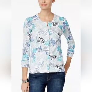 Charter Club Embroidered Seashell & Coral Print Knit Cardigan Women's Large.